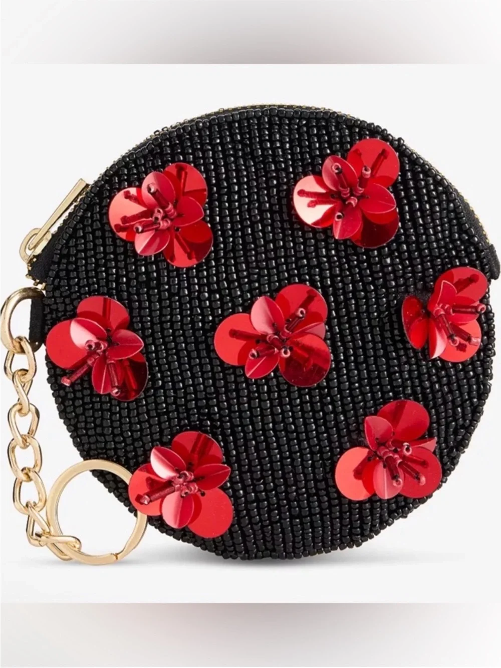 On 34th Black Beaded Red Floral Sequin Round Wristlet Coin Purse NWT